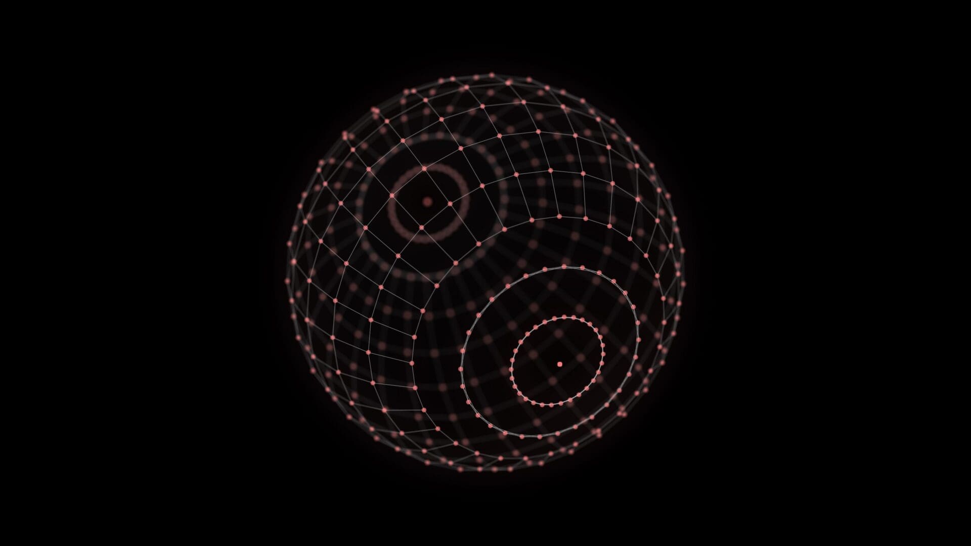 A glowing spherical grid with circular patterns on a black background.