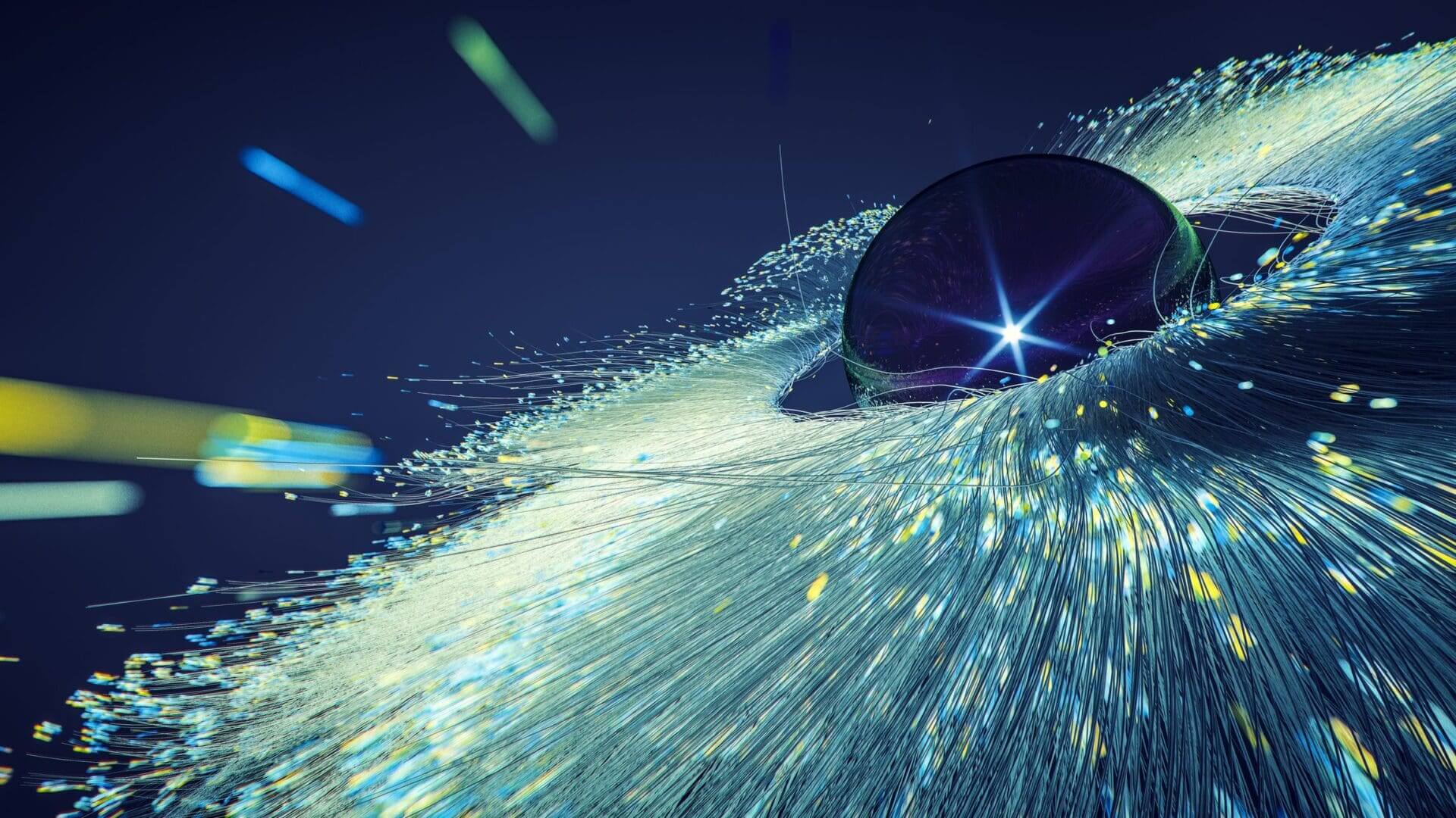 Macro shot of a dark sphere amidst glowing, fiber optic-like strands on a reflective surface.
