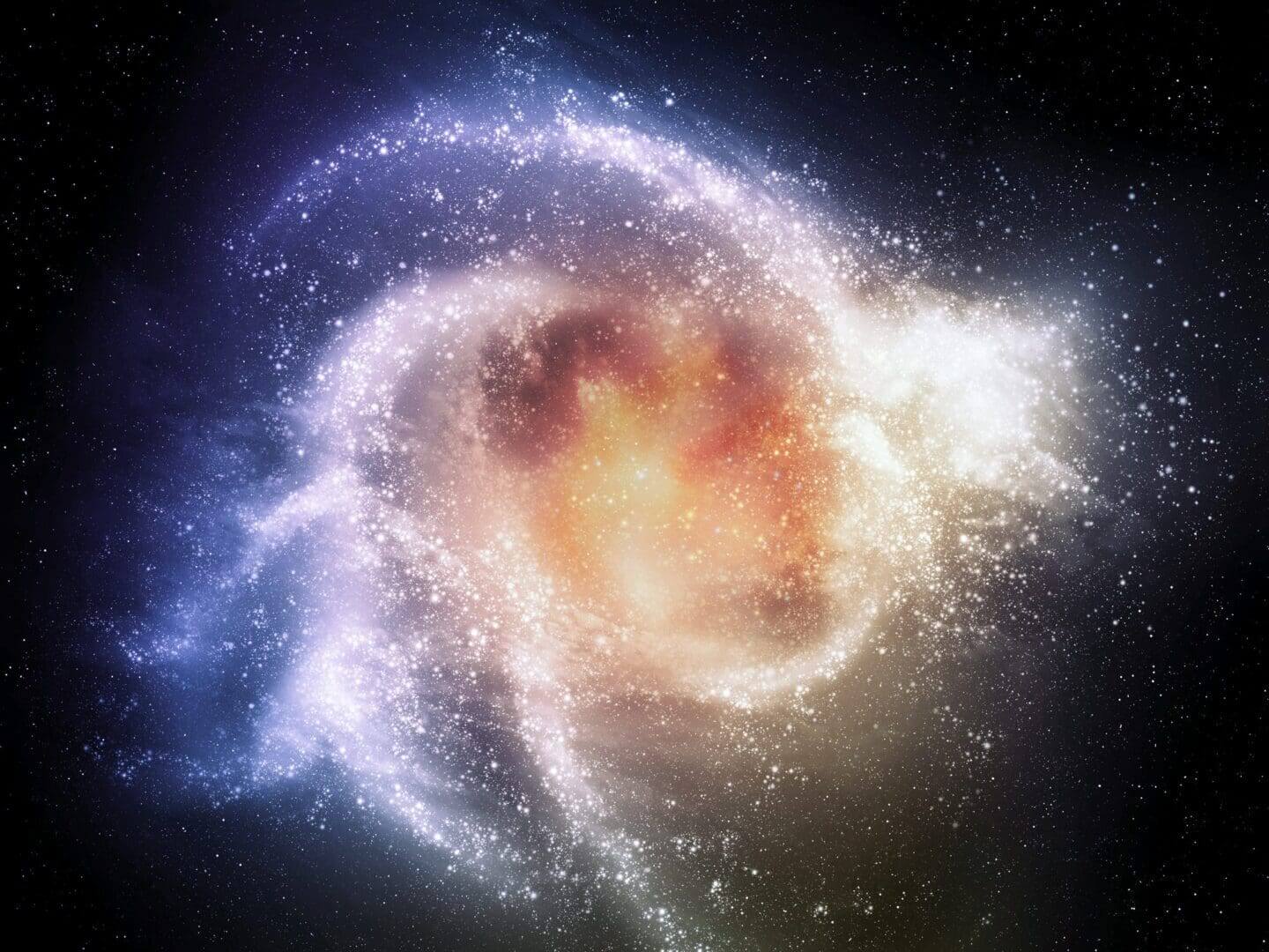 A vibrant, swirling galaxy with bright central core and glowing arms.