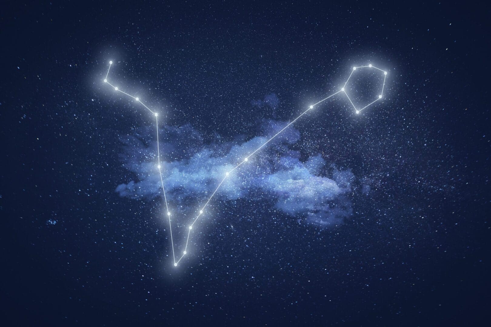 Bright constellation lines connecting stars in a cosmic night sky.